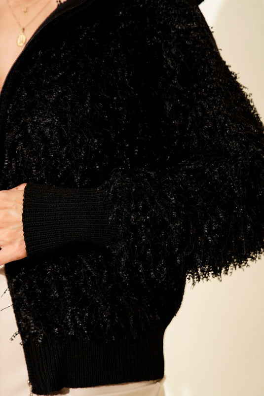 Fringed Detail Zippered Cardigan, Black