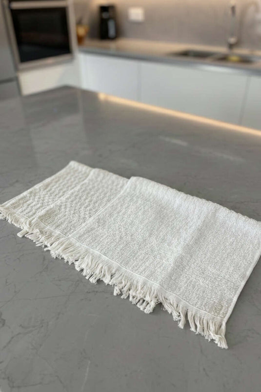 Set of 3 Kitchen Towels with Fringed Square Pattern, Ecru