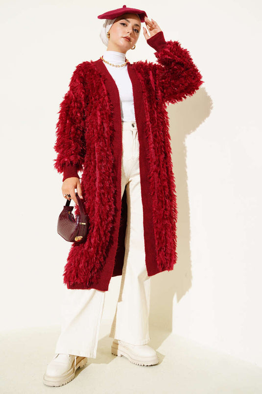 Fringed Knit Cardigan Burgundy