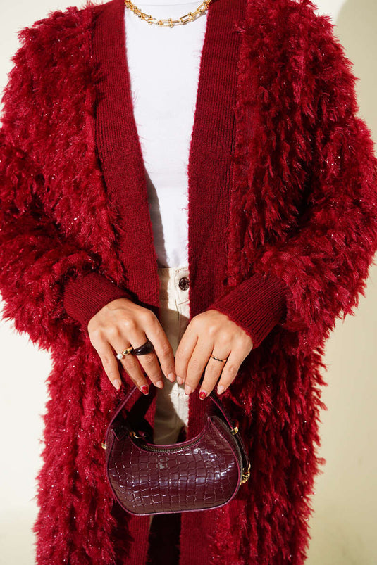 Fringed Knit Cardigan Burgundy