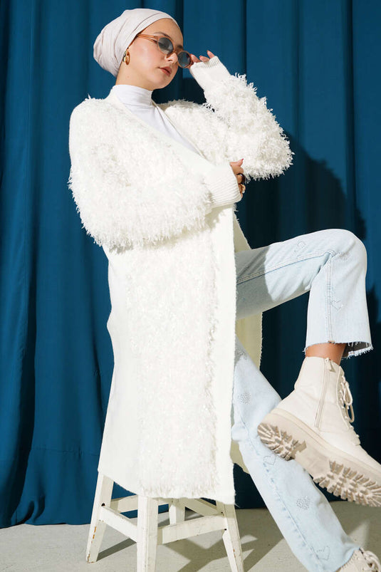 Fringed Knit Cardigan Ecru