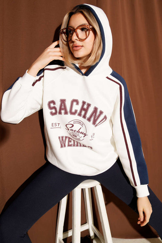 سويت شيرت بغطاء رأس مطبوع من ساشنو، لون بيج فاتح