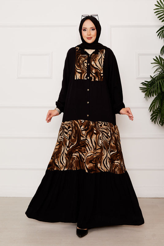 Safari Desen Viskon Tesettür Elbise Siyah