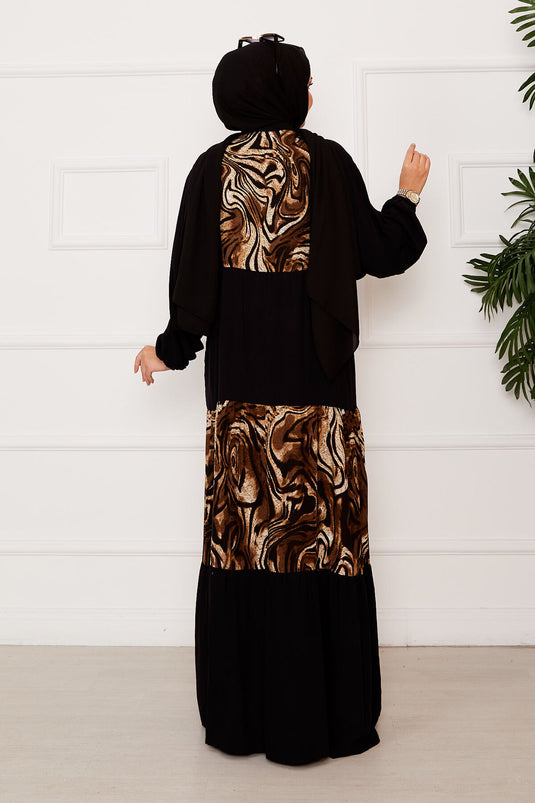 Safari Desen Viskon Tesettür Elbise Siyah