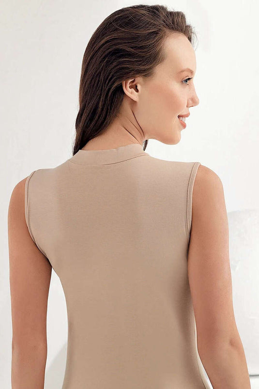 Şahinler Women's Lycra Sleeveless Stand-up Collar Bodysuit Beige