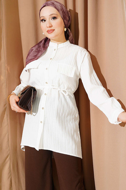 Camicia A Righe Bianca Con Tasche Finte E Bottoni