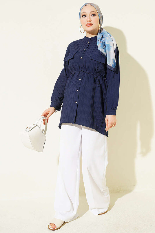 Navy Blue Fake Pocket Button-Down Striped Shirt