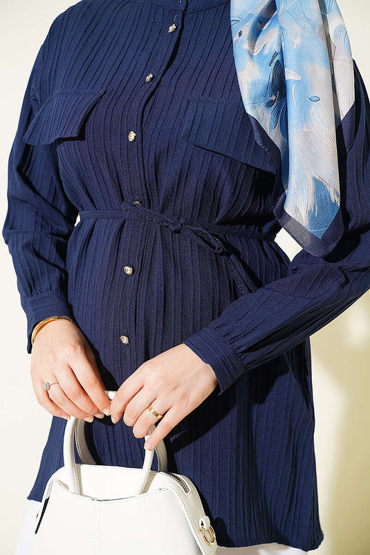 Navy Blue Fake Pocket Button-Down Striped Shirt