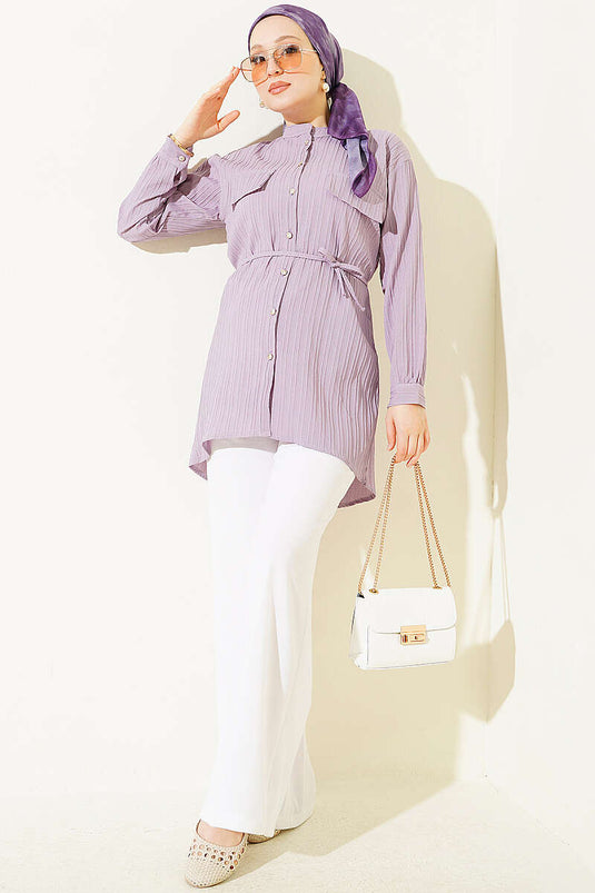 Camicia A Righe Lilla Con Tasca Falsa E Bottoni