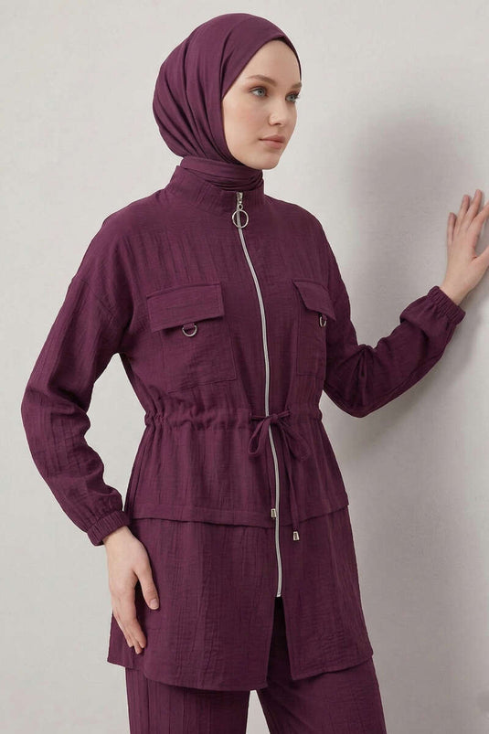 Two-Piece Set with Fake Pocket Cover and Zipper Burgundy