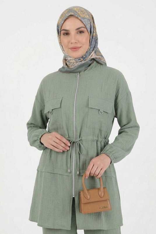 Two-Piece Set with Fake Pocket Cover and Zipper in Pistachio Green