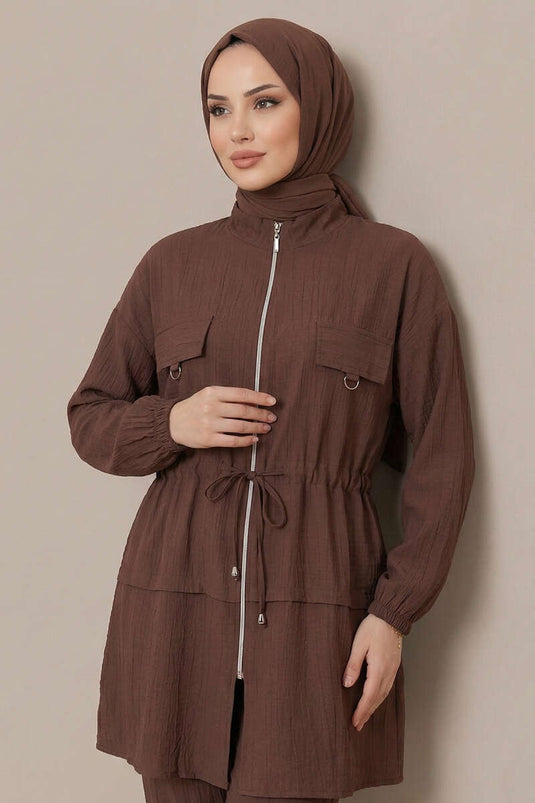 Two-Piece Set with Fake Pocket Cover and Zipper, Brown