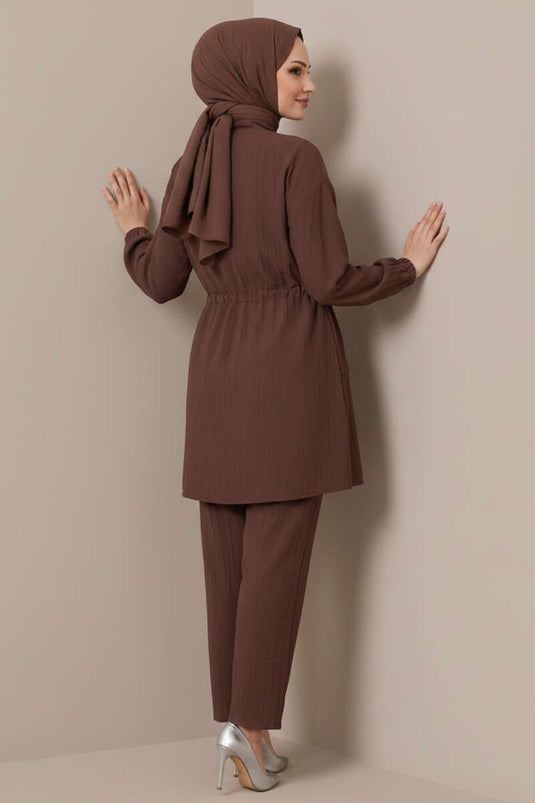 Two-Piece Set with Fake Pocket Cover and Zipper, Brown