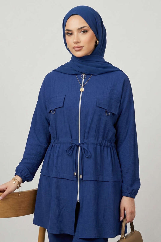 Two-Piece Set with Fake Pocket Cover and Zipper, Navy Blue