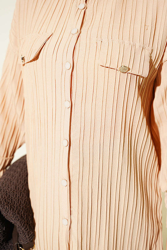 Beige Shirt With Fake Pocket And Cover Button