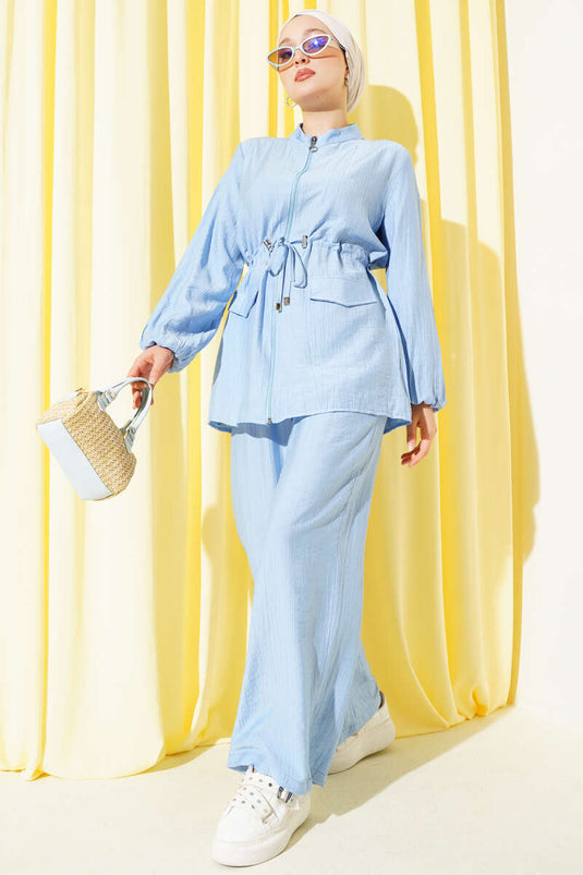 طقم خصر بجيوب وهمية من قطعتين، أزرق فاتح