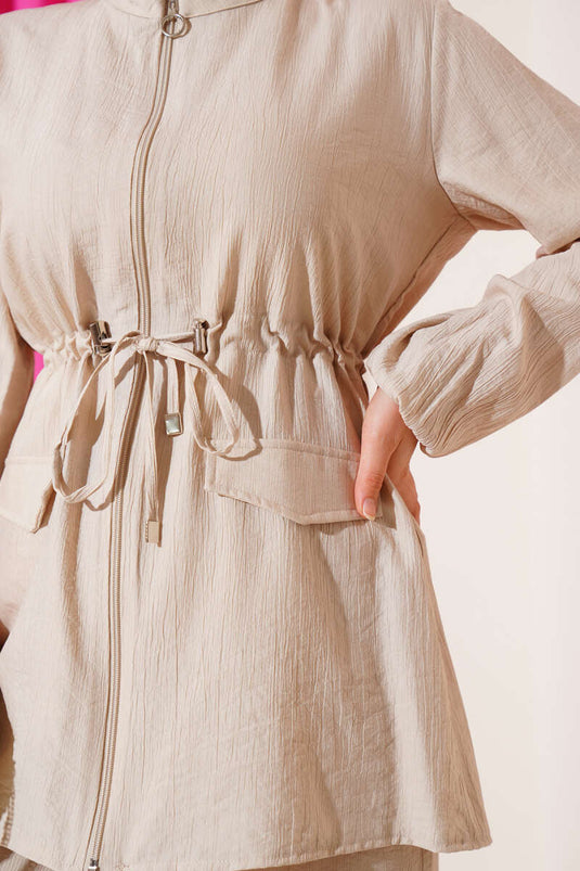 Fake Pocket Waist Tunnel Two Piece Suit Beige