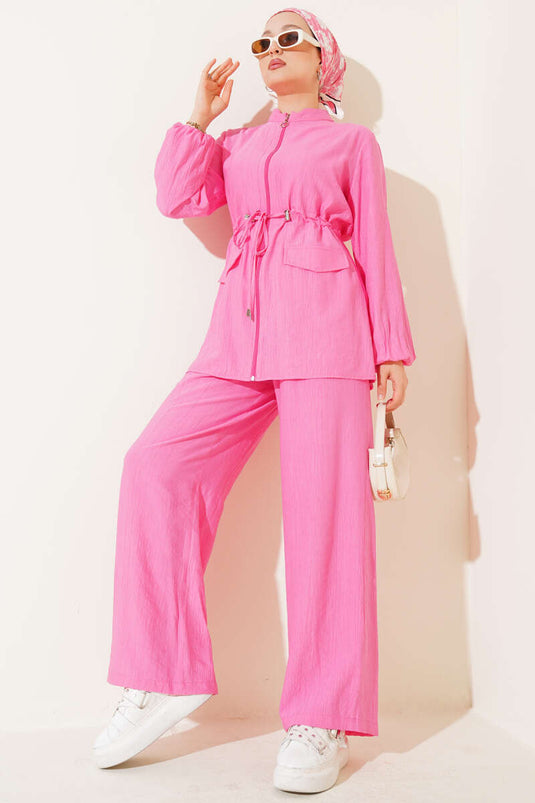 Fake Pocket Waist Tunnel Two Piece Set Pink