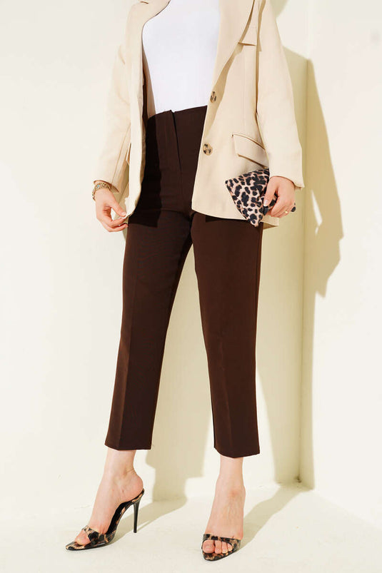 Faux Pocket Waist Dart Trousers, Brown