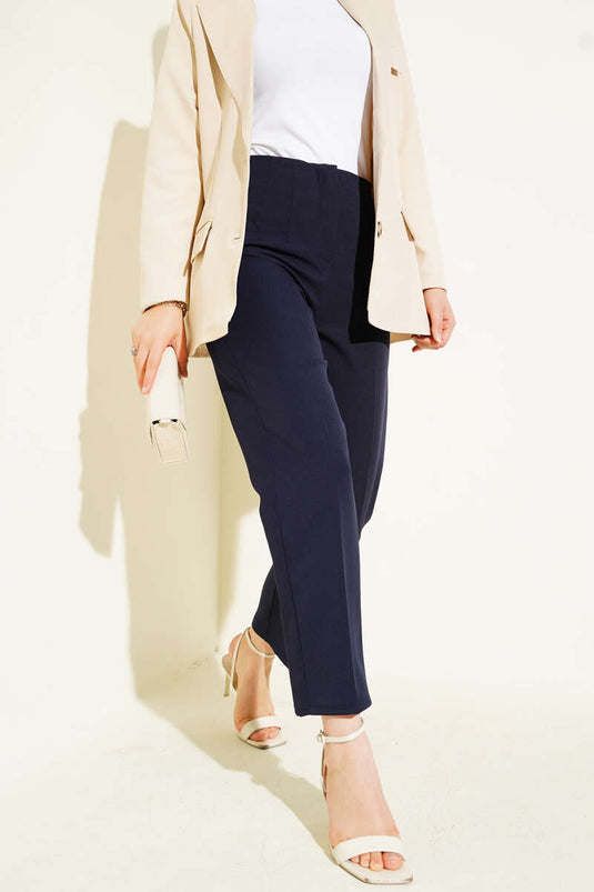 Navy Blue Darted Waist Trousers with Fake Pockets
