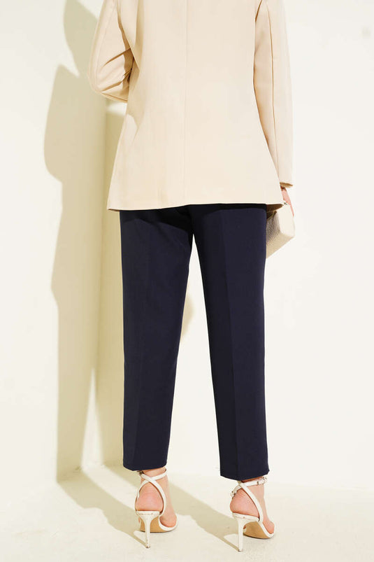 Navy Blue Darted Waist Trousers with Fake Pockets
