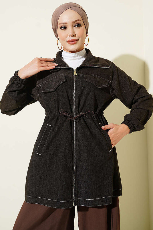 Veste À Poches Fausse Et Manches Roulées Café