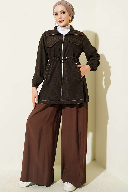 Veste À Poches Fausse Et Manches Roulées Café