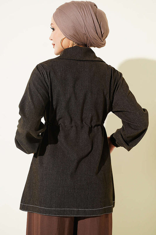 Veste À Poches Fausse Et Manches Roulées Café