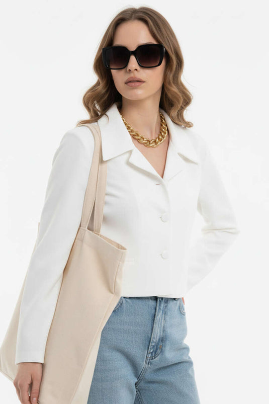 Sahte Cepli Düğmeli Ceket Beyaz