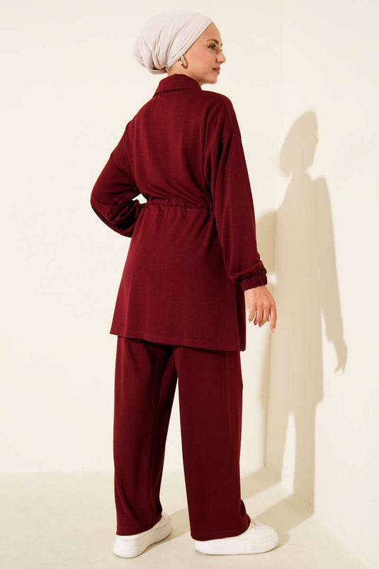 Fake Pocket Zippered Loysha Two Piece Suit Burgundy