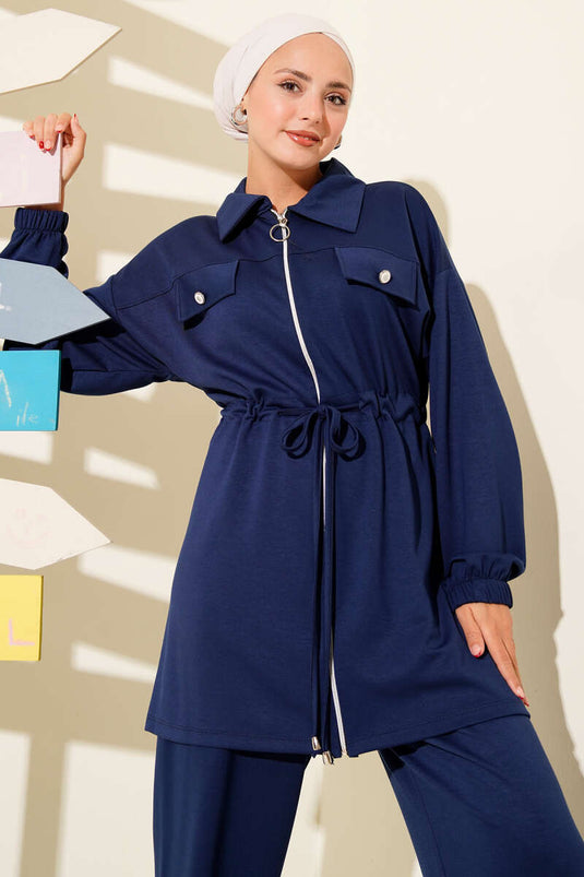 Fake Pocket Zippered Loysha Two Piece Suit Navy Blue