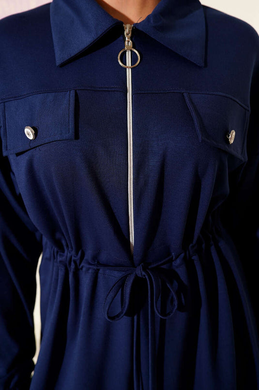 Fake Pocket Zippered Loysha Two Piece Suit Navy Blue