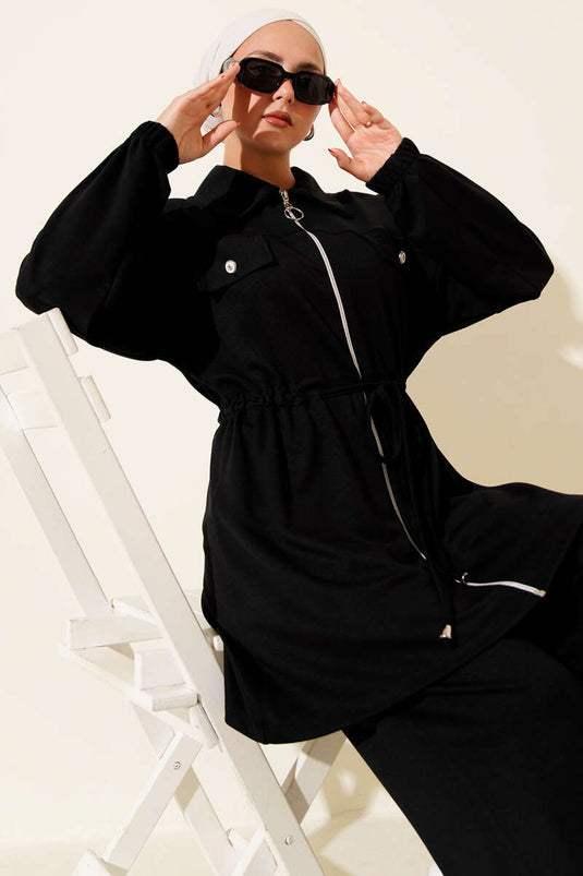 Fake Pocket Zippered Loysha Two Piece Suit Black