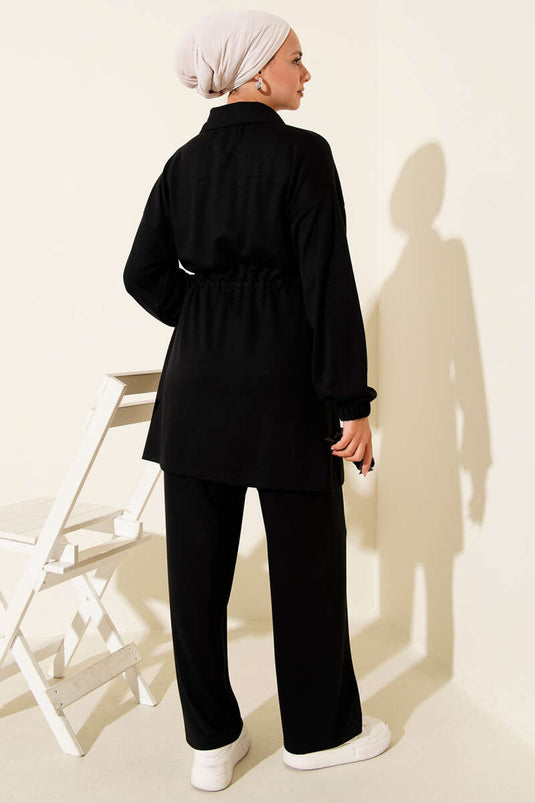 Fake Pocket Zippered Loysha Two Piece Suit Black