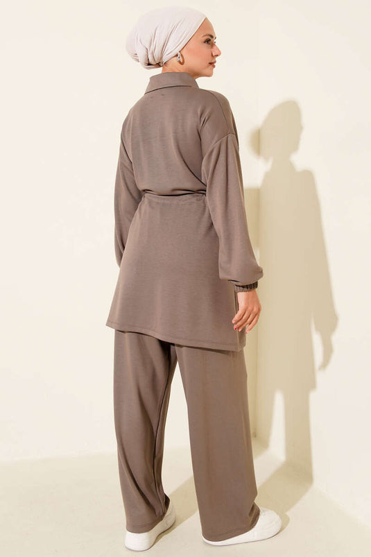 Loysha Two Piece Suit with Fake Pocket and Zipper in Mink