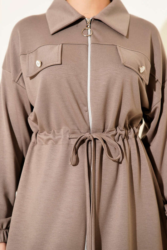 Loysha Two Piece Suit with Fake Pocket and Zipper in Mink