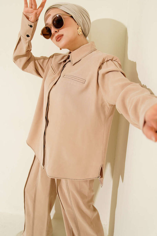 Two-Piece Suit with Fake Pocket and Hidden Placket, Beige
