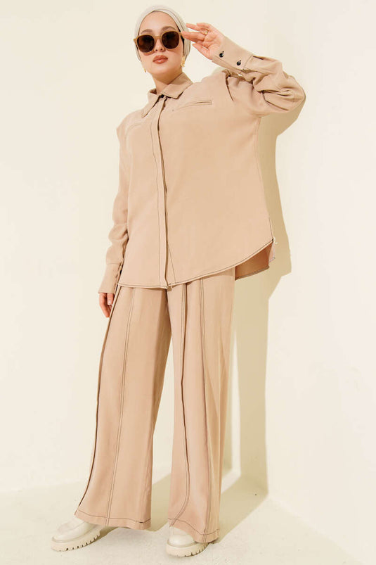 Two-Piece Suit with Fake Pocket and Hidden Placket, Beige