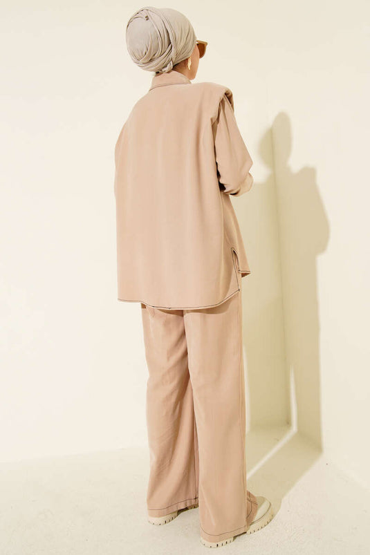 Two-Piece Suit with Fake Pocket and Hidden Placket, Beige