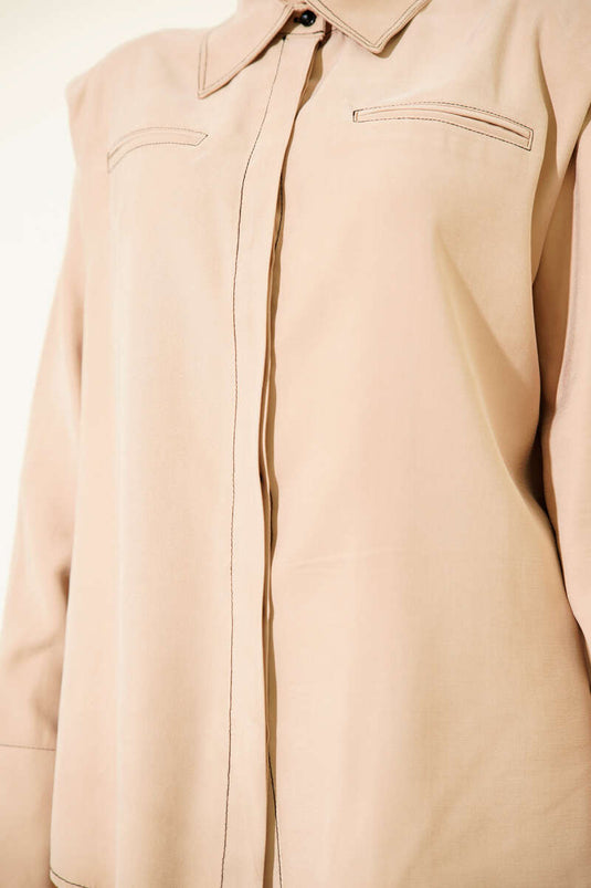 Two-Piece Suit with Fake Pocket and Hidden Placket, Beige