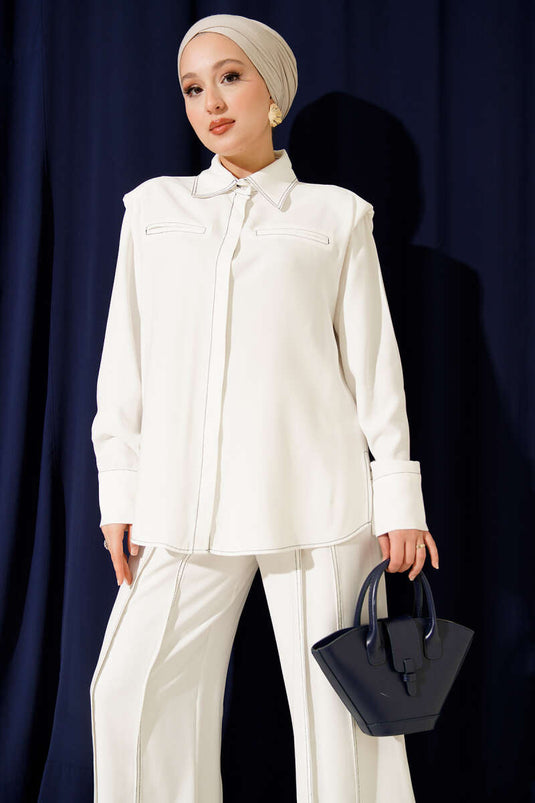 Costume deux pièces avec fausse poche et patte de boutonnage dissimulée, blanc