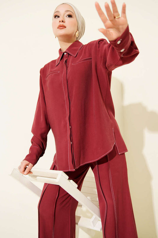 Fake Pocket Hidden Placket Two Piece Suit Burgundy