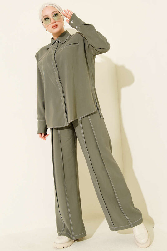 Two Piece Khaki Suit with Fake Pocket and Hidden Placket