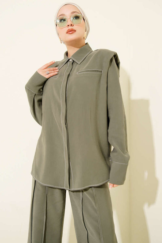 Two Piece Khaki Suit with Fake Pocket and Hidden Placket