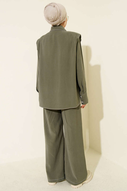 Two Piece Khaki Suit with Fake Pocket and Hidden Placket