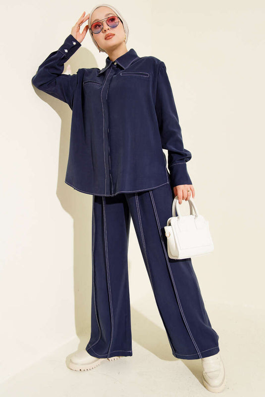 Two-Piece Suit with Fake Pocket and Hidden Placket, Navy Blue