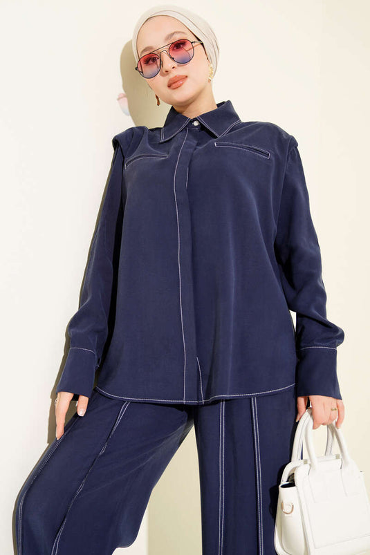 Two-Piece Suit with Fake Pocket and Hidden Placket, Navy Blue