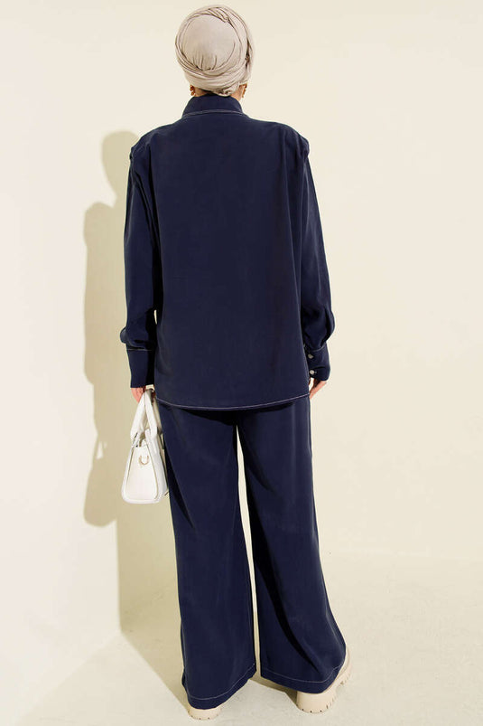 Two-Piece Suit with Fake Pocket and Hidden Placket, Navy Blue