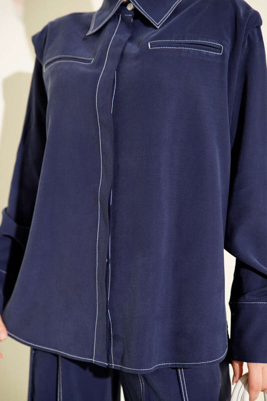 Two-Piece Suit with Fake Pocket and Hidden Placket, Navy Blue