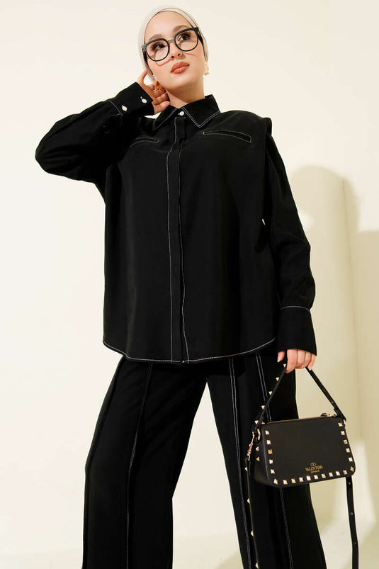 Costume deux pièces avec fausse poche et patte de boutonnage dissimulée, noir